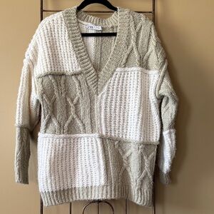Zara V-Neck Patchwork Sweater - Cream and Sage